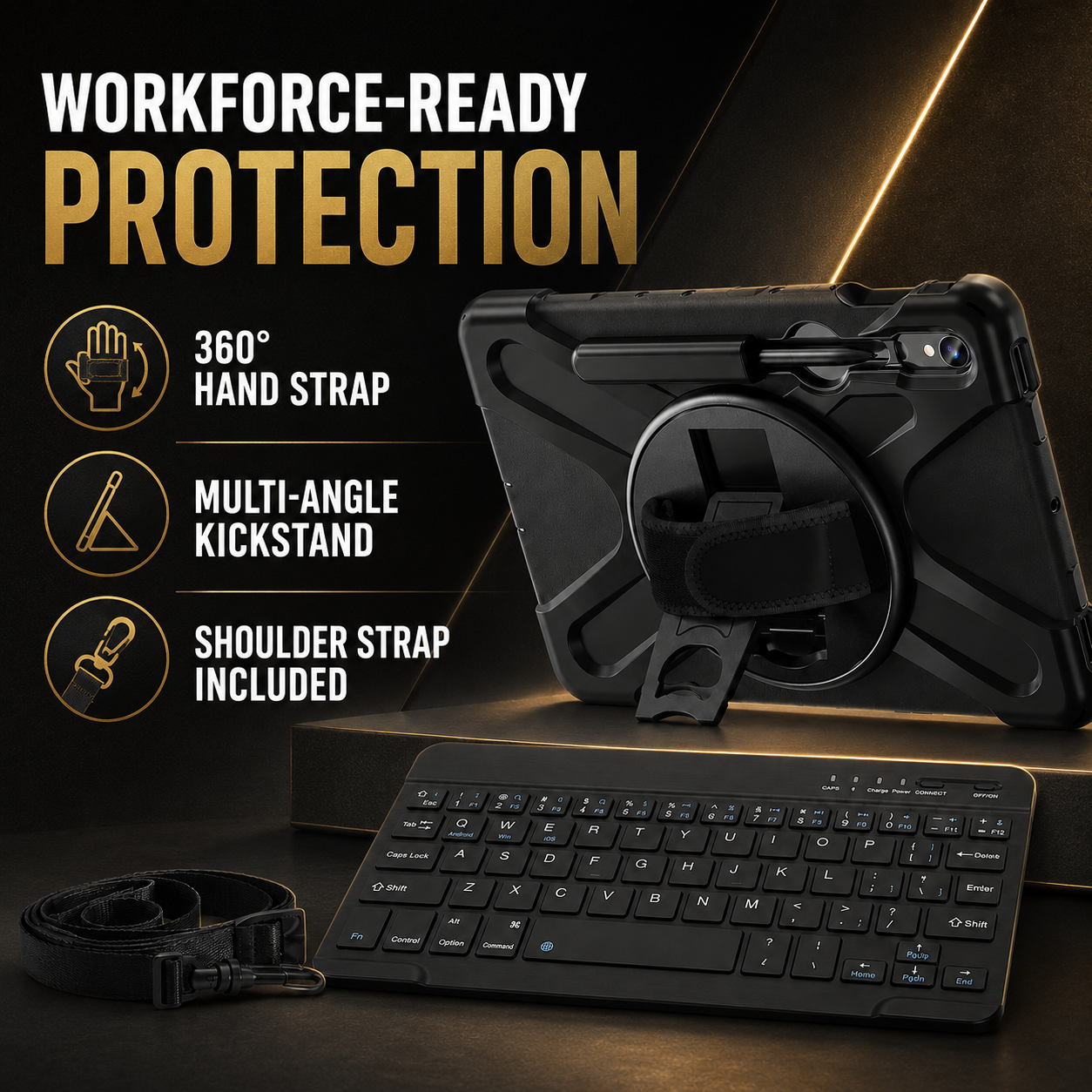 RhinoGuard Galaxy WorkForce rugged case and keyboard bundle with 360 degree hand strap, multi-angle kickstand and included shoulder strap