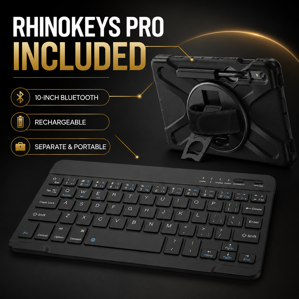RhinoGuard Galaxy WorkForce bundle with included rechargeable RhinoKeys Pro Black 10-inch Bluetooth keyboard