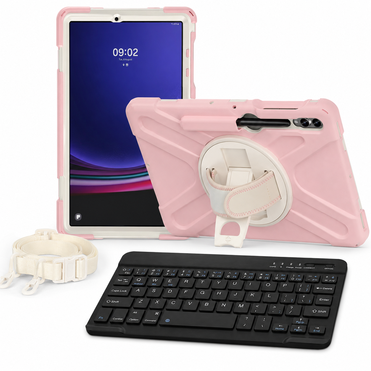 RhinoGuard Galaxy WorkForce 360 Samsung Galaxy Tab case in Blush Pink and Pearl White with included RhinoKeys Pro Black 10-inch wireless keyboard
