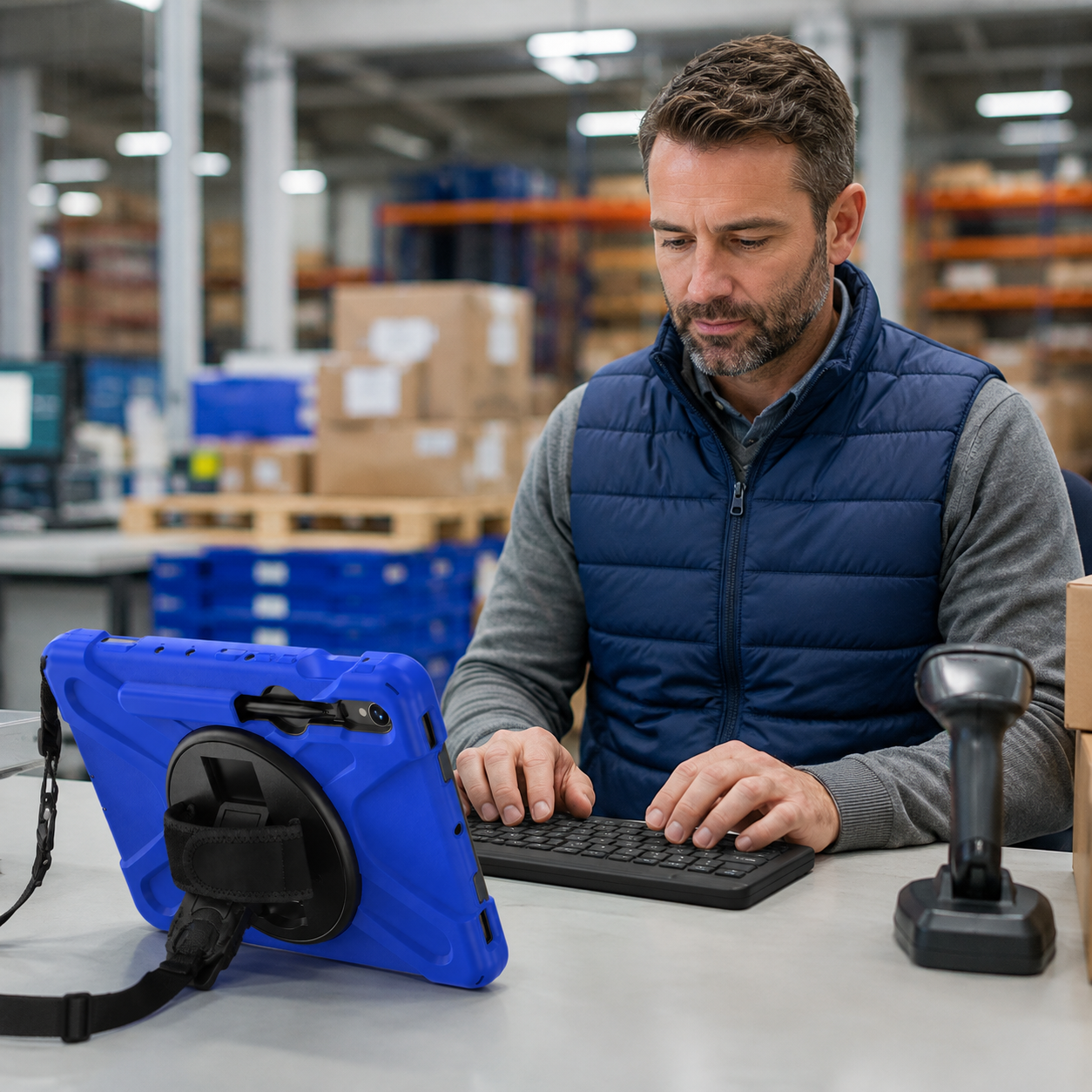 Warehouse supervisor using a Royal Blue RhinoGuard Galaxy WorkForce case with RhinoKeys Pro wireless keyboard
