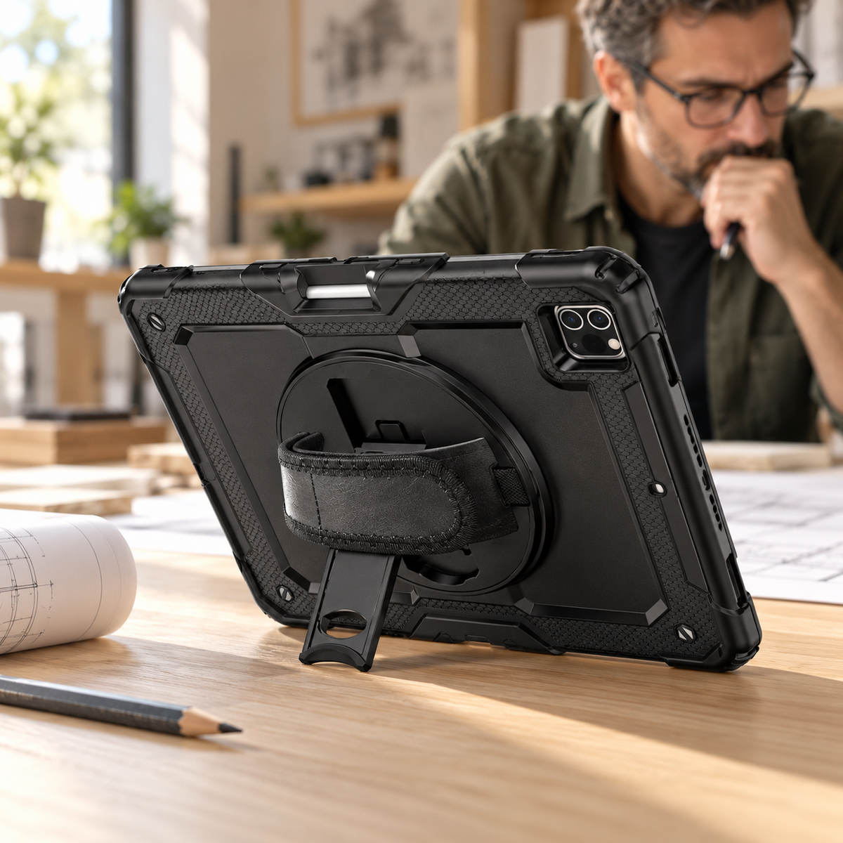 Black RhinoGuard Pro iPad case with the built-in kickstand open on an architect's desk