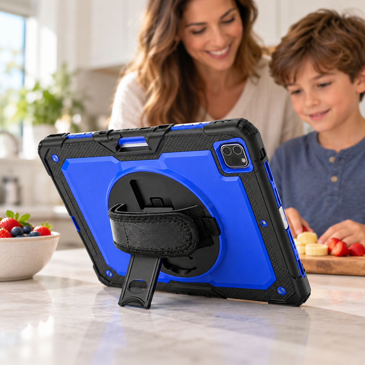 Blue RhinoGuard Pro iPad case resting on its kickstand on a kitchen island