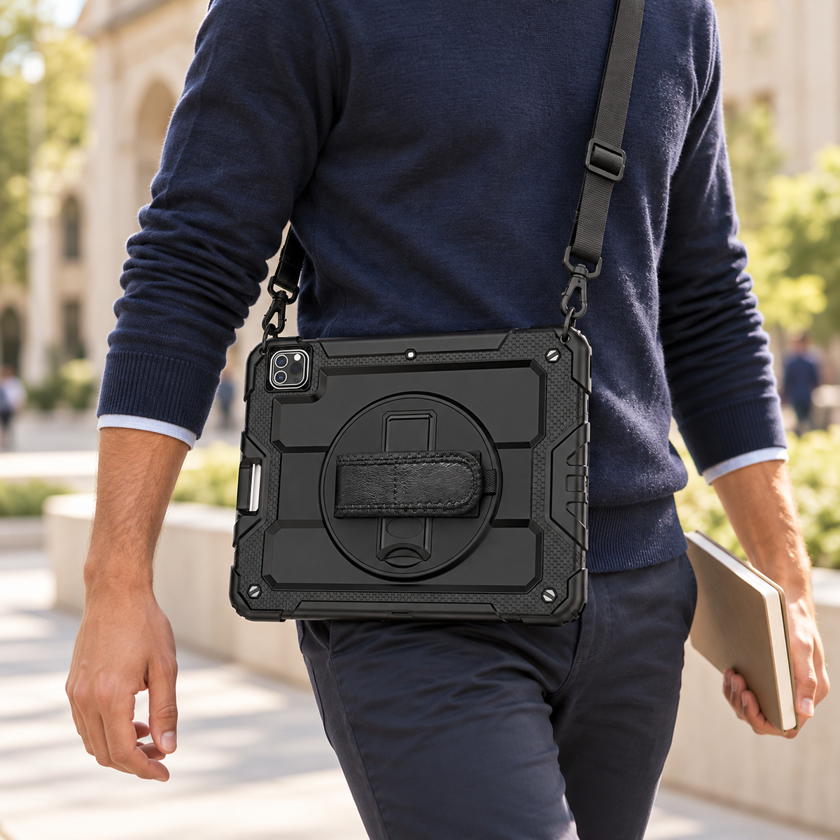 RhinoGuard Pro iPad case carried cross-body with its detachable shoulder strap in a campus courtyard