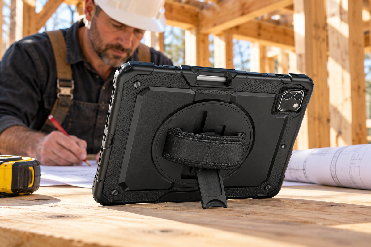 Black RhinoGuard Pro iPad case supported by its kickstand beside building plans at a timber worksite