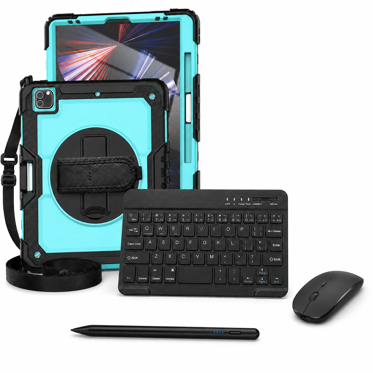 RhinoGuard Pro WorkForce Complete Aqua / Black iPad case bundle with 10-inch wireless keyboard, mouse and universal touchscreen stylus