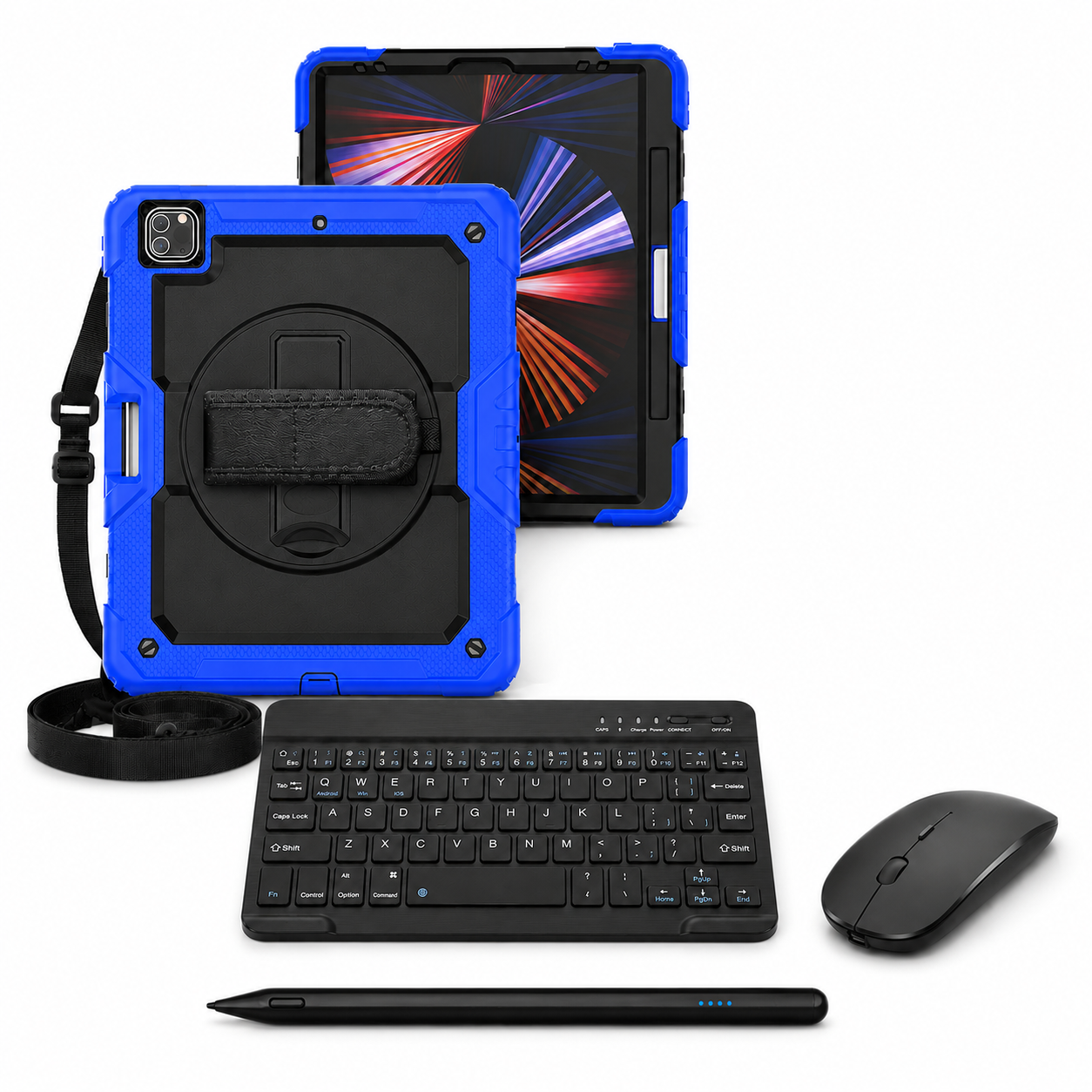 RhinoGuard Pro WorkForce Complete Black / Blue iPad case bundle with 10-inch wireless keyboard, mouse and universal touchscreen stylus