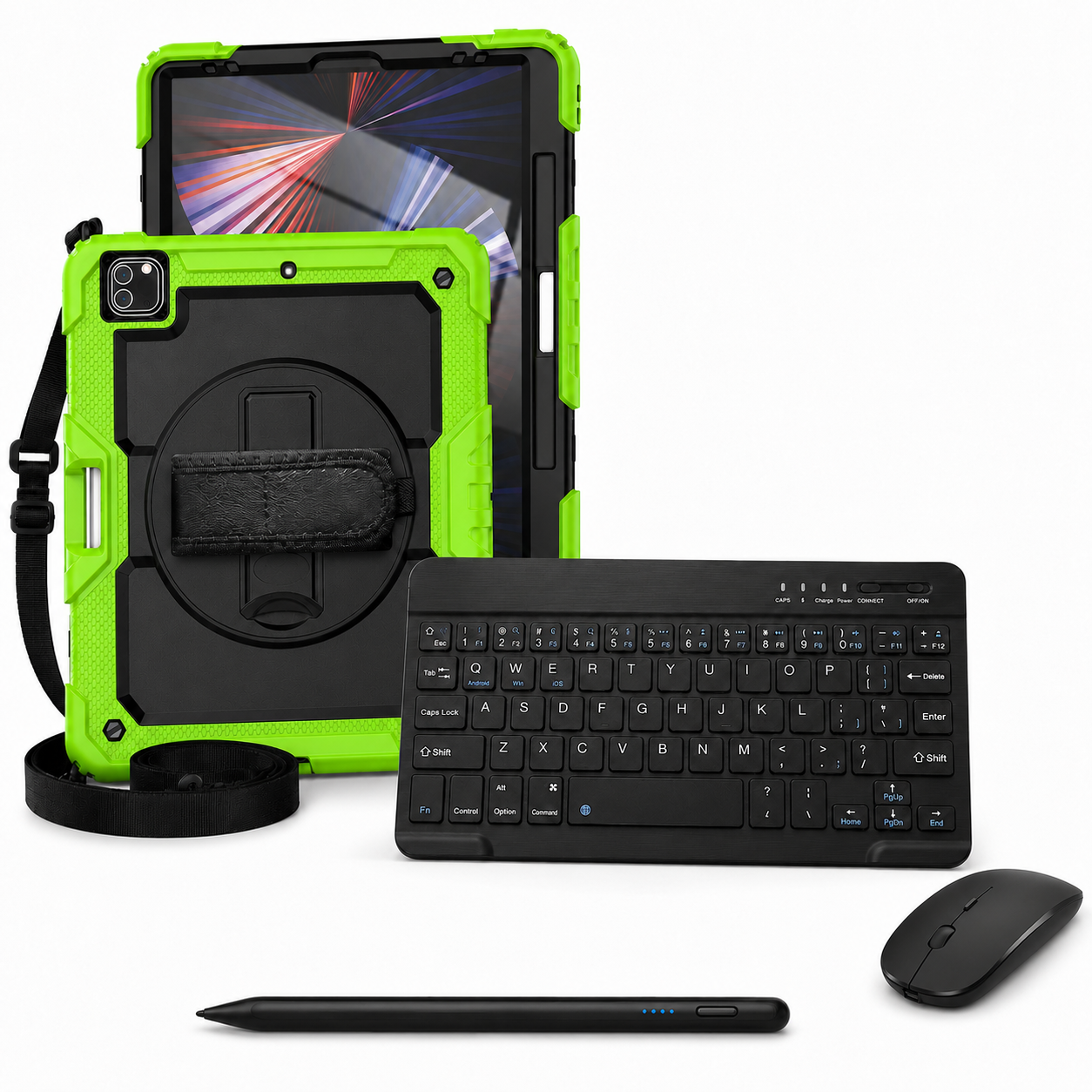RhinoGuard Pro WorkForce Complete Black / Green iPad case bundle with 10-inch wireless keyboard, mouse and universal touchscreen stylus