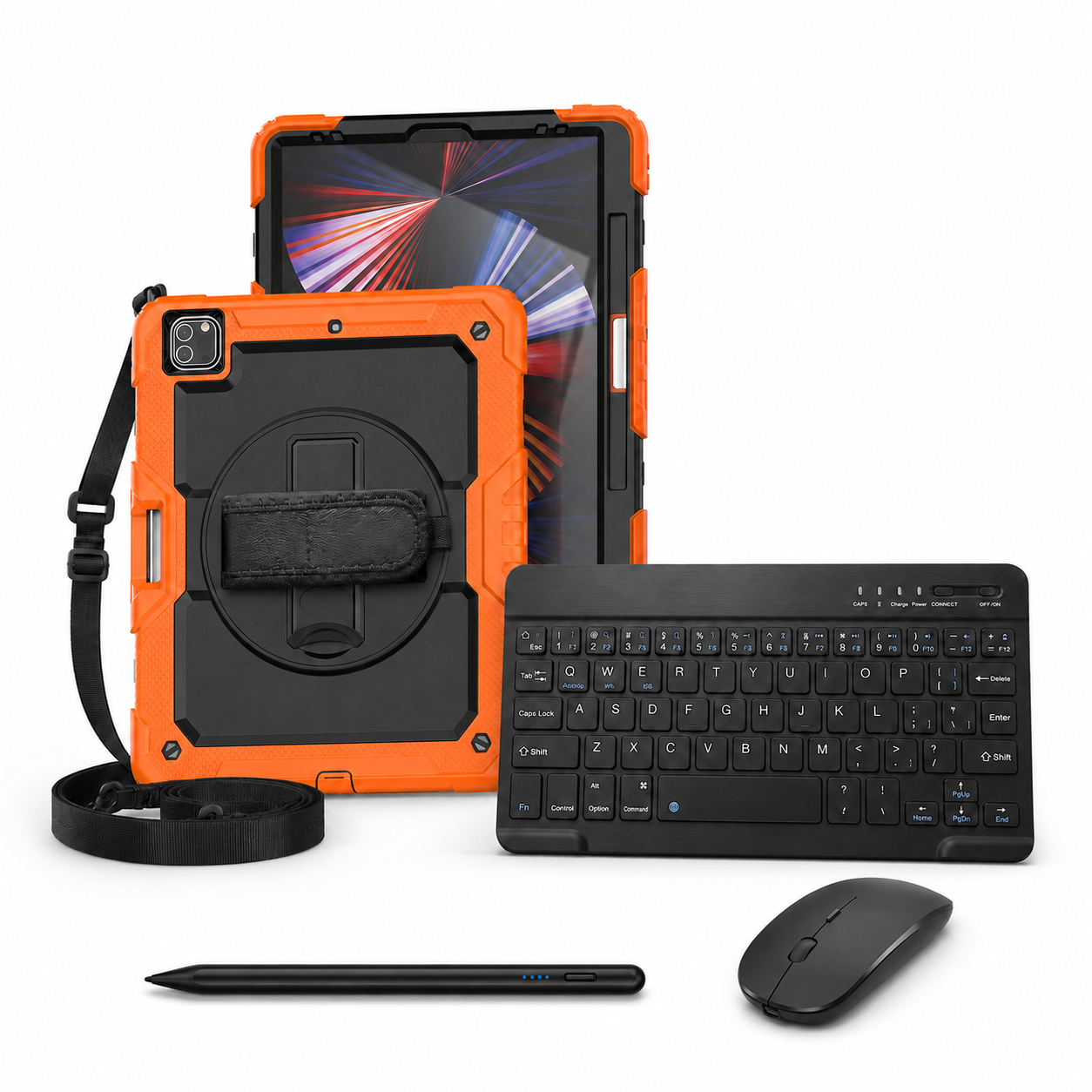 RhinoGuard Pro WorkForce Complete Black / Orange iPad case bundle with 10-inch wireless keyboard, mouse and universal touchscreen stylus
