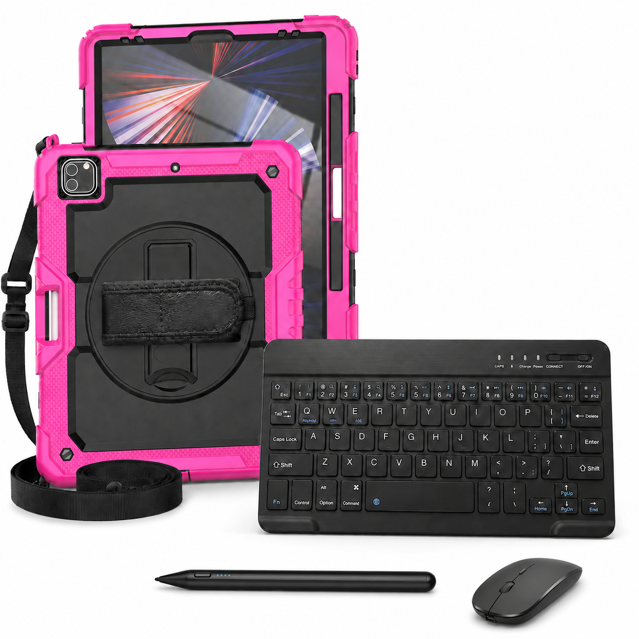 RhinoGuard Pro WorkForce Complete Black / Pink iPad case bundle with 10-inch wireless keyboard, mouse and universal touchscreen stylus