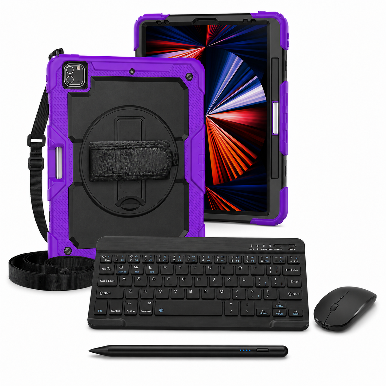 RhinoGuard Pro WorkForce Complete Black / Purple iPad case bundle with 10-inch wireless keyboard, mouse and universal touchscreen stylus