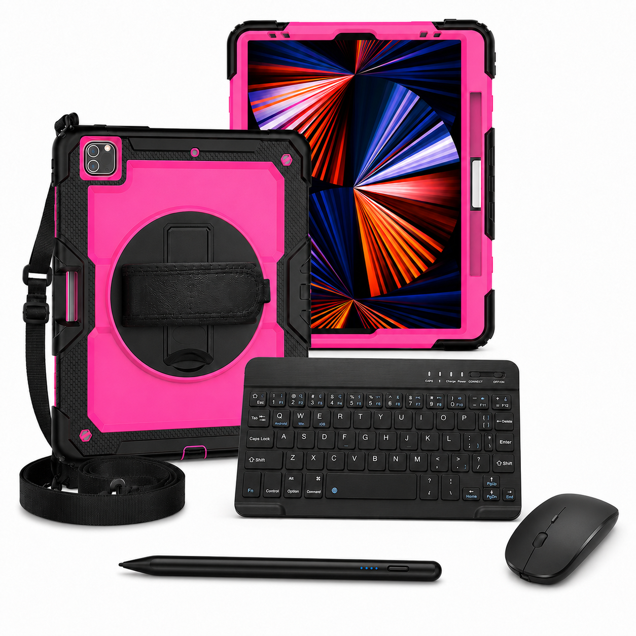 RhinoGuard Pro WorkForce Complete Pink / Black iPad case bundle with 10-inch wireless keyboard, mouse and universal touchscreen stylus