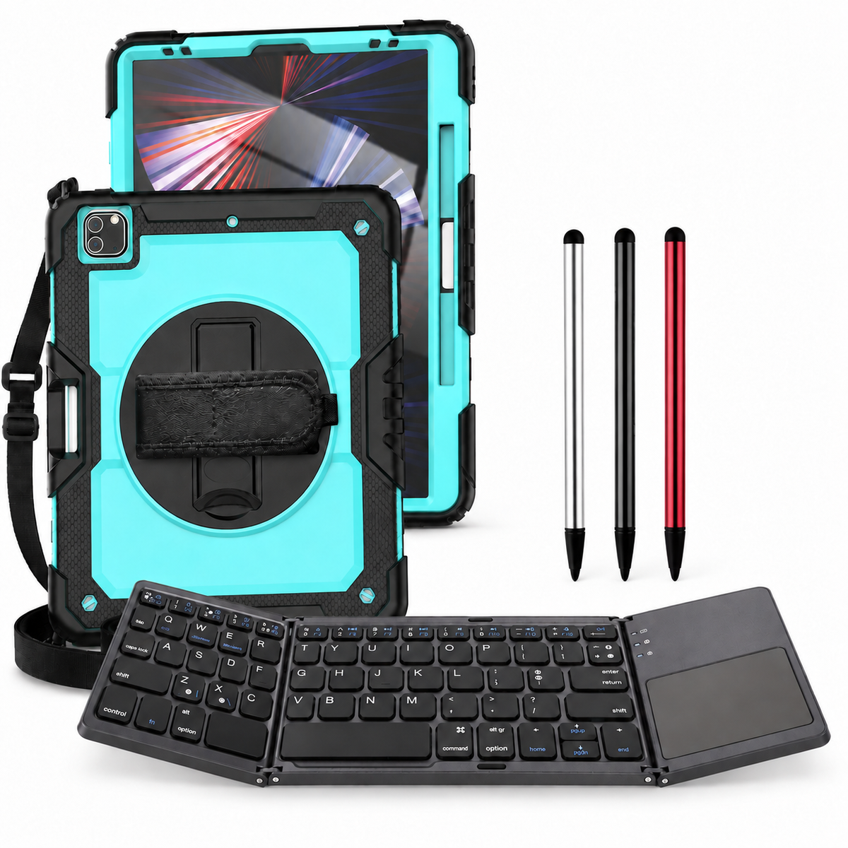 RhinoGuard Pro WorkForce Fold: Aqua / Black iPad case, black folding keyboard and black, silver and red stylus 3-pack