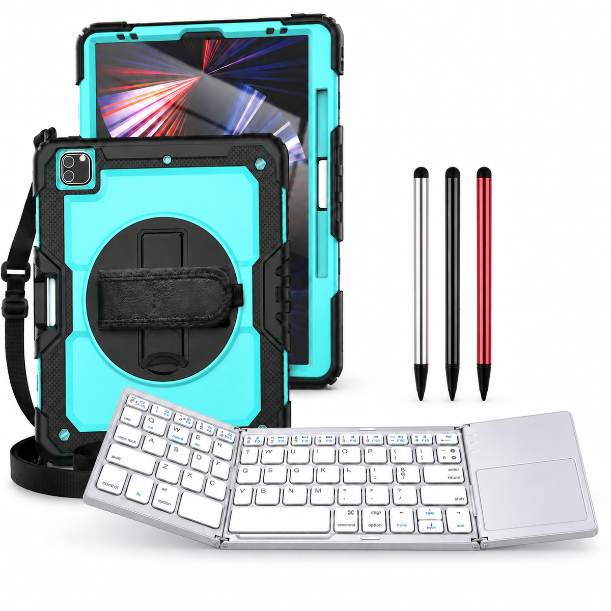 RhinoGuard Pro WorkForce Fold: Aqua / Black iPad case, silver folding keyboard and black, silver and red stylus 3-pack
