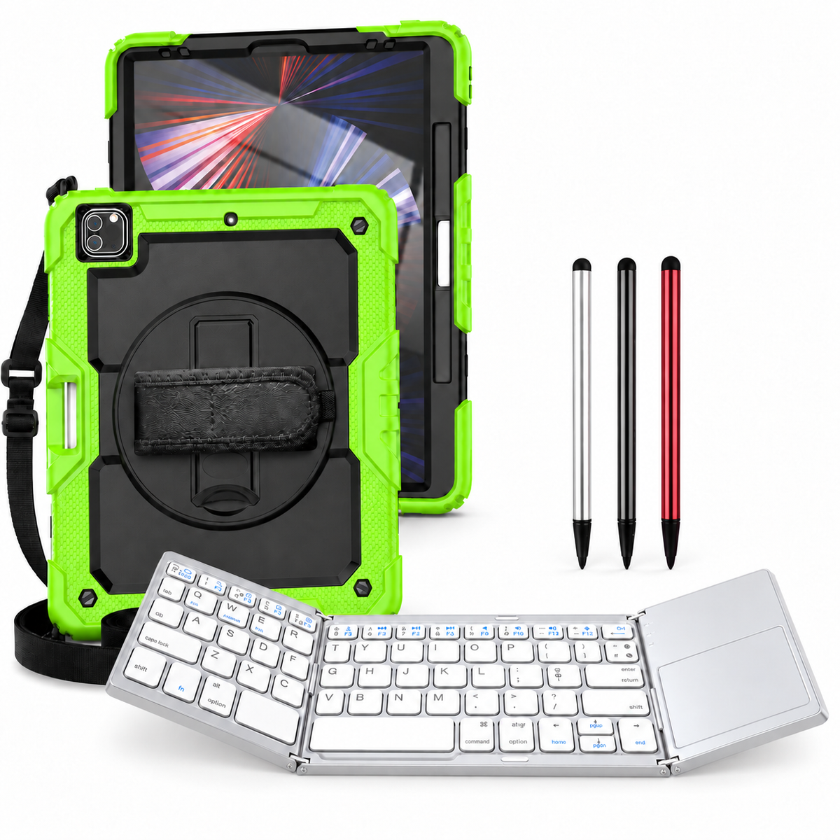 RhinoGuard Pro WorkForce Fold: Black / Neon Green iPad case, silver folding keyboard and black, silver and red stylus 3-pack