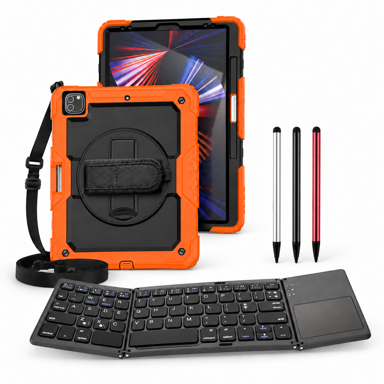 RhinoGuard Pro WorkForce Fold: Black / Orange iPad case, black folding keyboard and black, silver and red stylus 3-pack