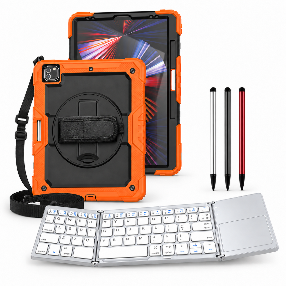RhinoGuard Pro WorkForce Fold: Black / Orange iPad case, silver folding keyboard and black, silver and red stylus 3-pack