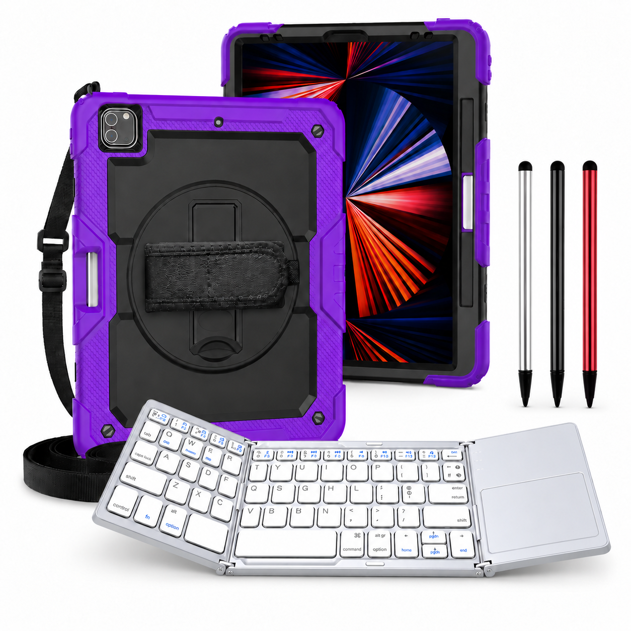 RhinoGuard Pro WorkForce Fold: Black / Purple iPad case, silver folding keyboard and black, silver and red stylus 3-pack