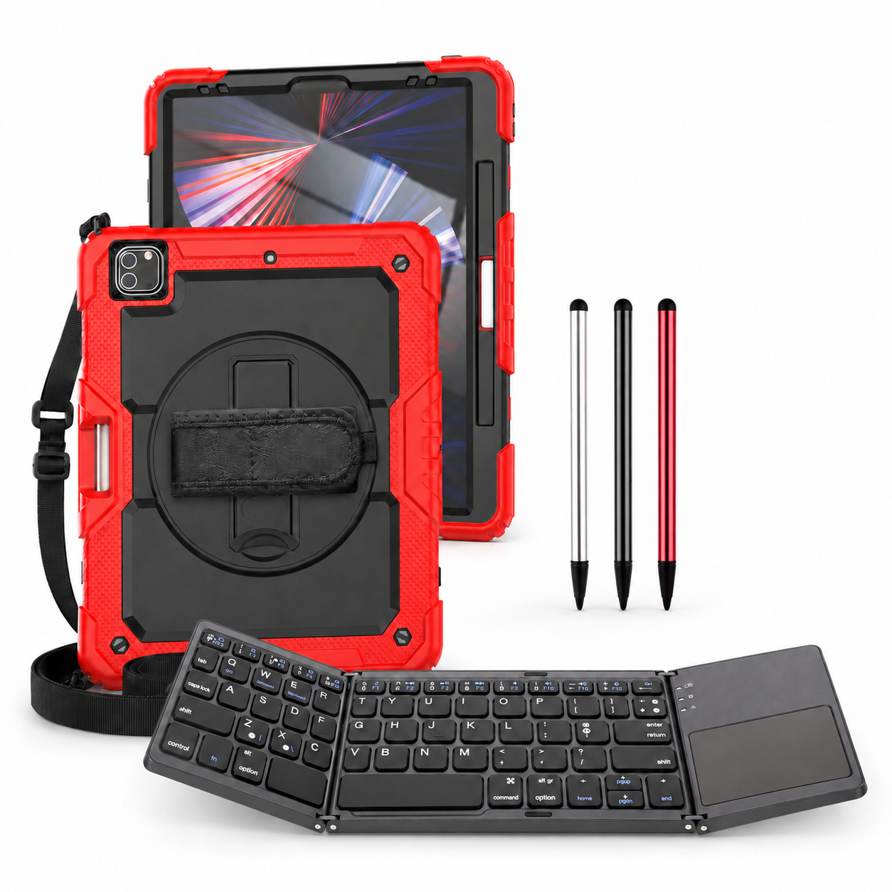RhinoGuard Pro WorkForce Fold: Black / Red iPad case, black folding keyboard and black, silver and red stylus 3-pack