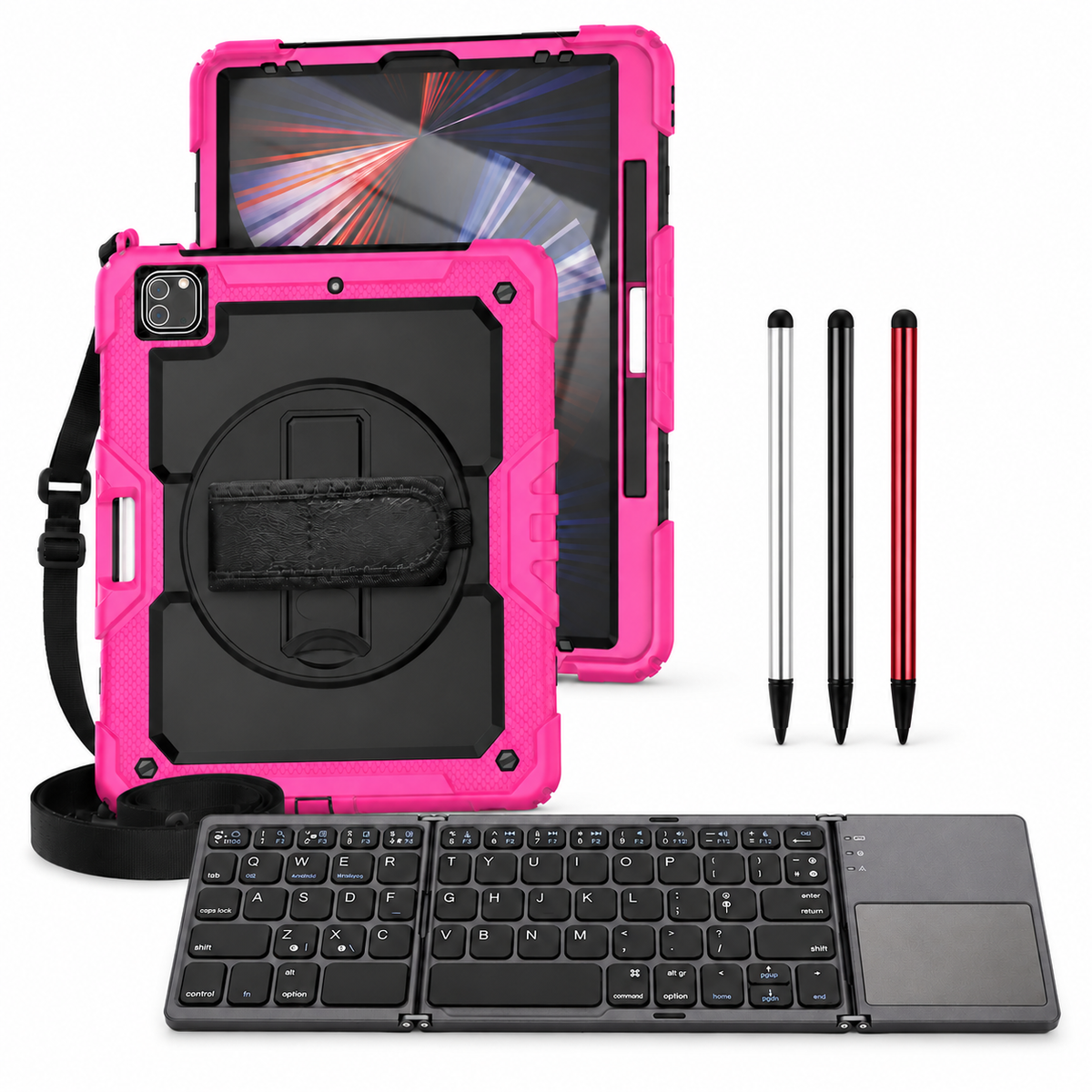 RhinoGuard Pro WorkForce Fold: Black / Rose Pink iPad case, black folding keyboard and black, silver and red stylus 3-pack