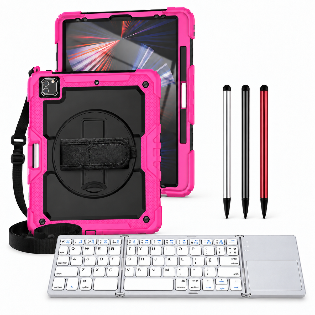 RhinoGuard Pro WorkForce Fold: Black / Rose Pink iPad case, silver folding keyboard and black, silver and red stylus 3-pack