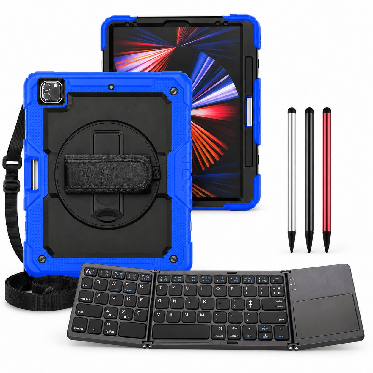 RhinoGuard Pro WorkForce Fold: Black / Royal Blue iPad case, black folding keyboard and black, silver and red stylus 3-pack