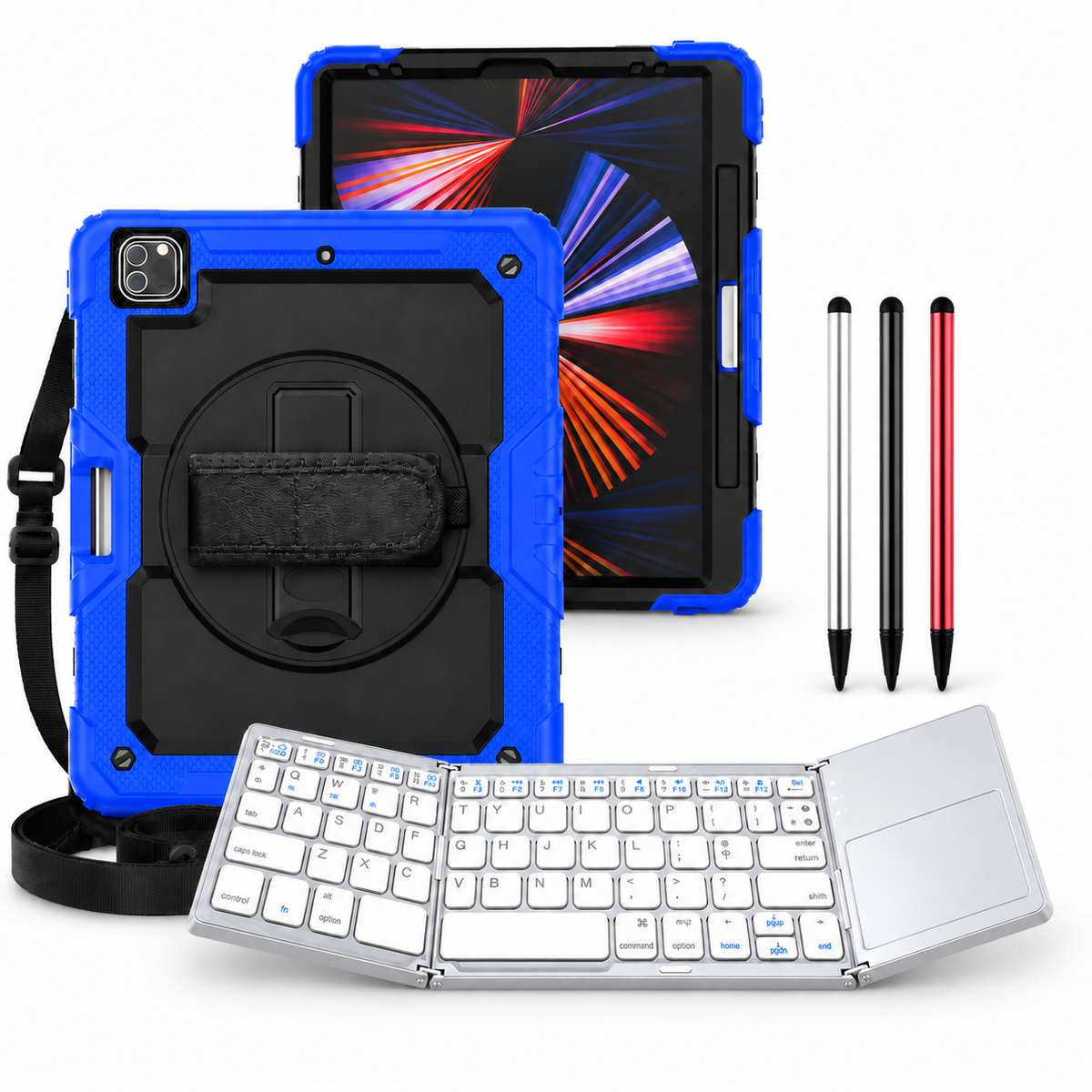RhinoGuard Pro WorkForce Fold: Black / Royal Blue iPad case, silver folding keyboard and black, silver and red stylus 3-pack