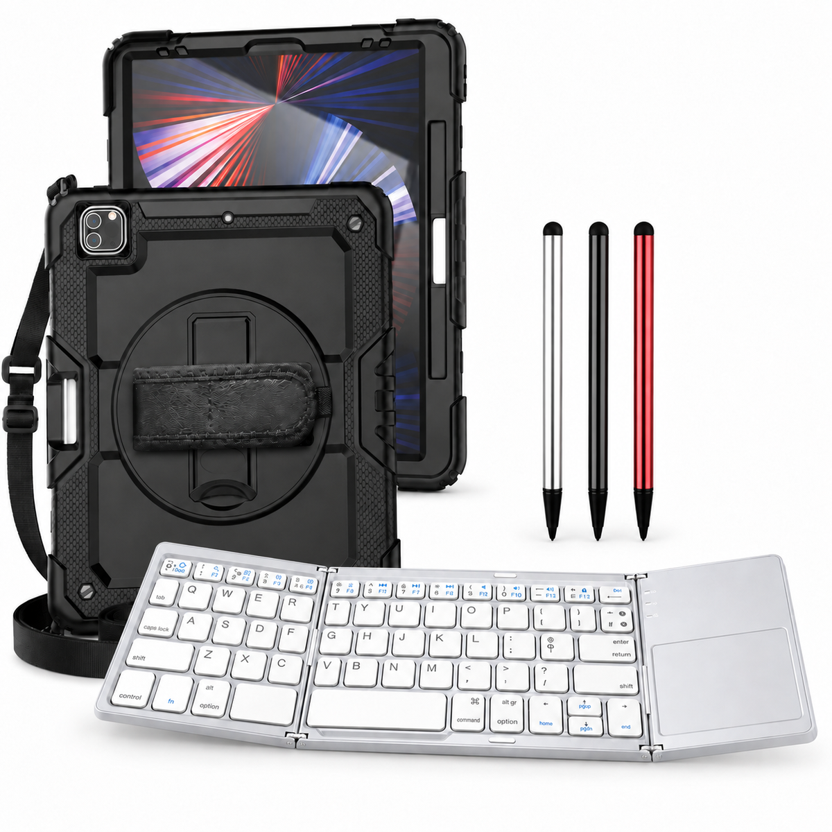 RhinoGuard Pro WorkForce Fold: Black iPad case, silver folding keyboard and black, silver and red stylus 3-pack
