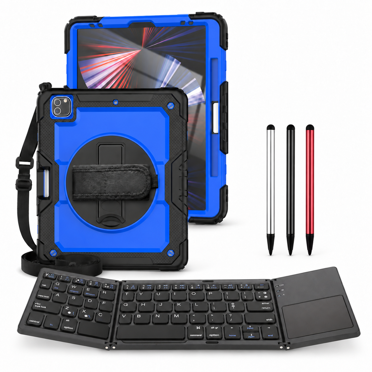 RhinoGuard Pro WorkForce Fold: Blue / Black iPad case, black folding keyboard and black, silver and red stylus 3-pack