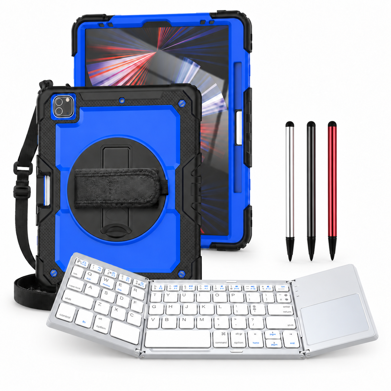 RhinoGuard Pro WorkForce Fold: Blue / Black iPad case, silver folding keyboard and black, silver and red stylus 3-pack