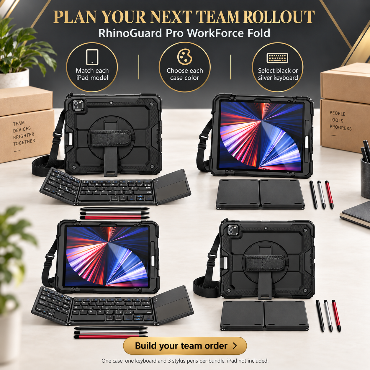 RhinoGuard Pro WorkForce Fold bulk rollout with folding keyboard and black, silver and red stylus 3-pack