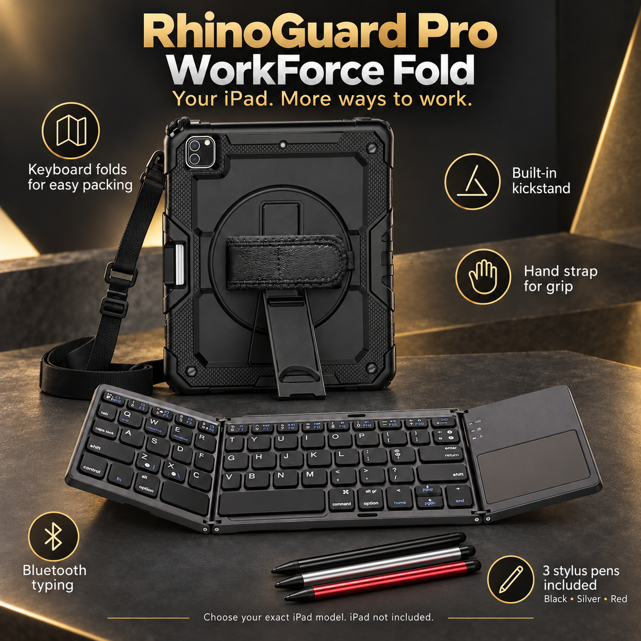 RhinoGuard Pro WorkForce Fold features with folding keyboard and black, silver and red stylus 3-pack