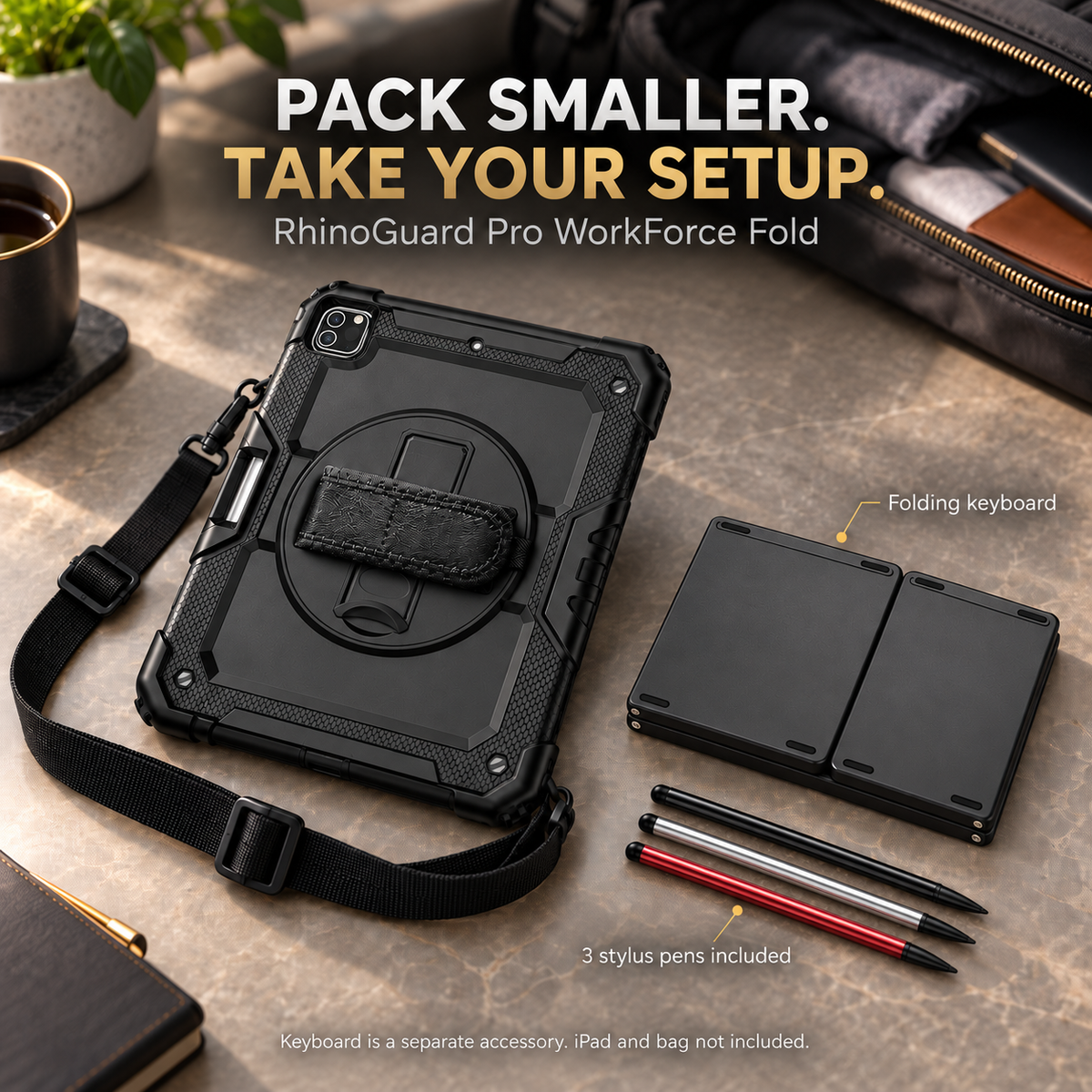 RhinoGuard Pro WorkForce Fold folded with folding keyboard and black, silver and red stylus 3-pack