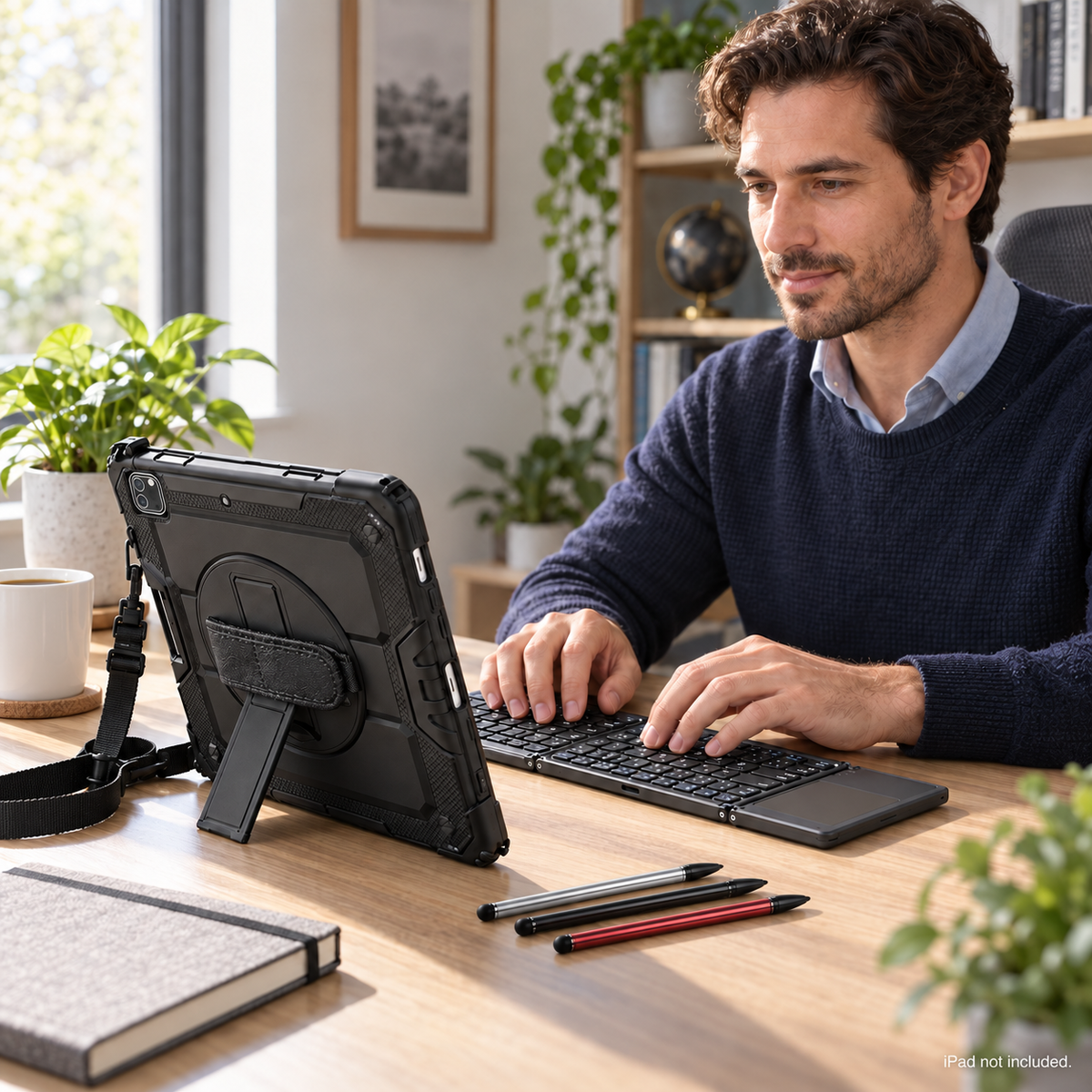 RhinoGuard Pro WorkForce Fold lifestyle desk with folding keyboard and black, silver and red stylus 3-pack