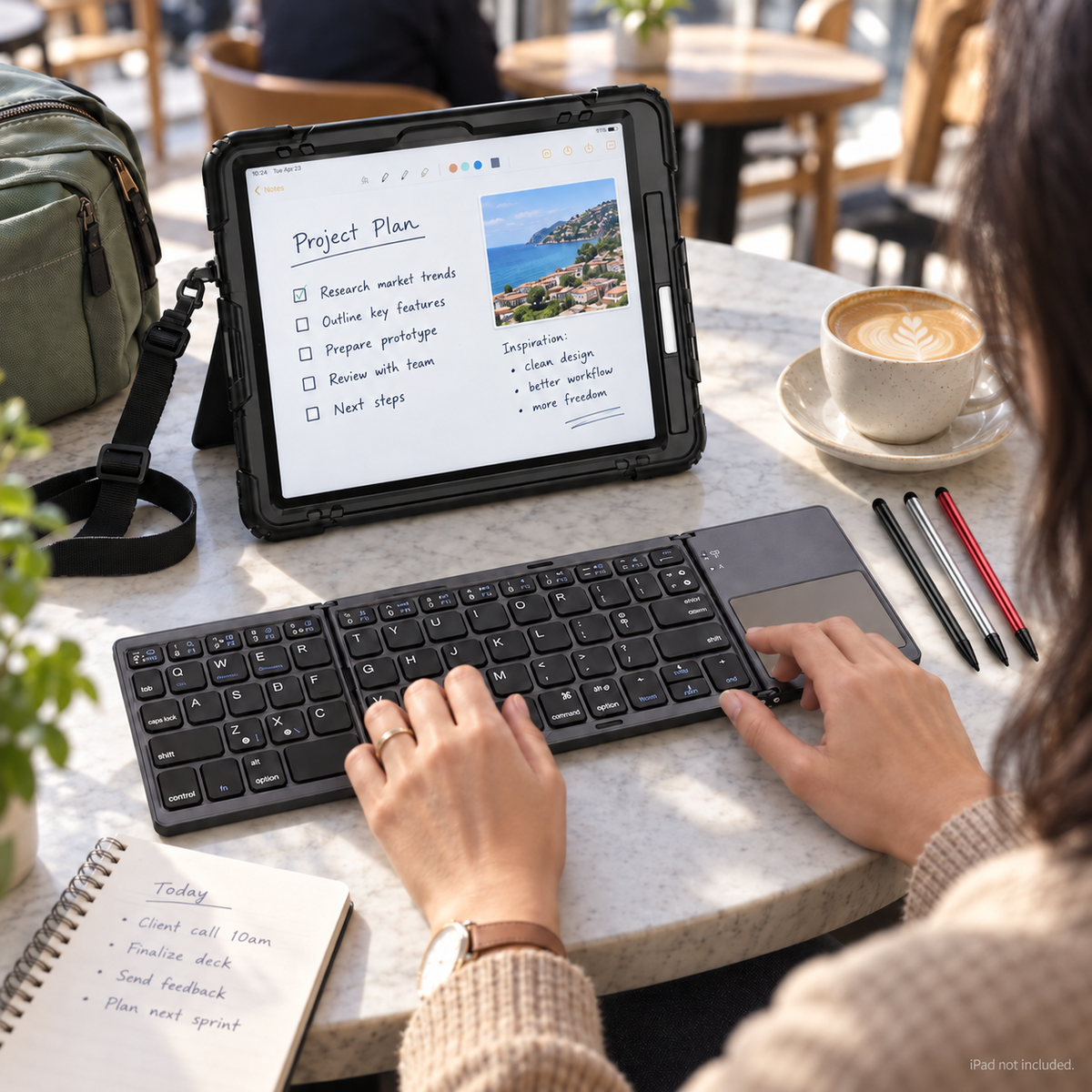 RhinoGuard Pro WorkForce Fold lifestyle mobile with folding keyboard and black, silver and red stylus 3-pack