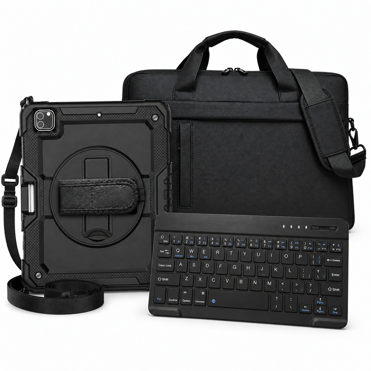 RhinoGuard Pro WorkForce Transit bundle with black case and shoulder strap, separate non-backlit black keyboard, and black carry bag with its shoulder strap