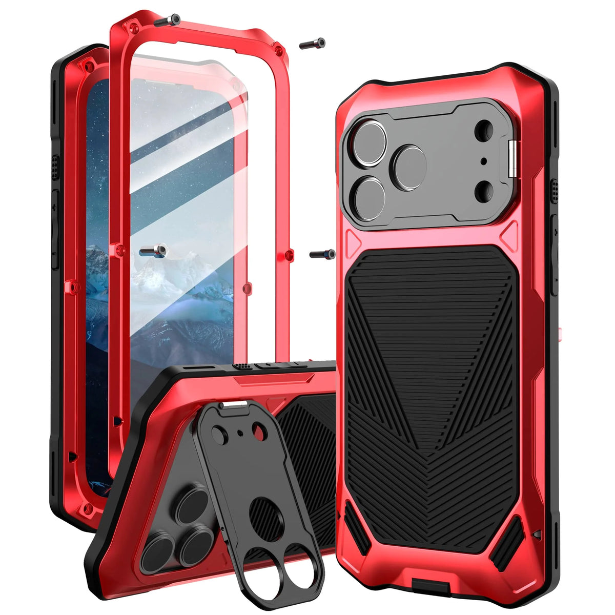 RhinoGuard Regent red iPhone 17 metal case with built-in tempered-glass screen defense and kickstand