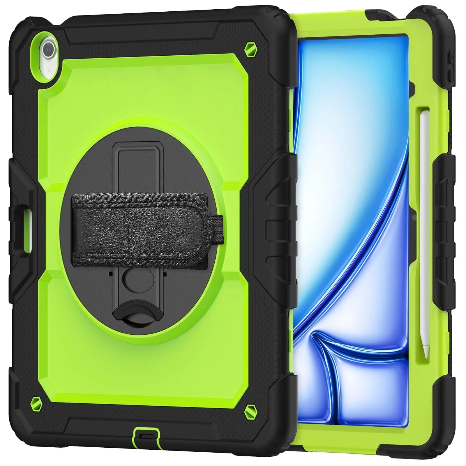 RhinoGuard Rugged Pro Spectrum 360° iPad case in Aqua Teal — exact front and rear product views with rotating hand strap and pencil holder