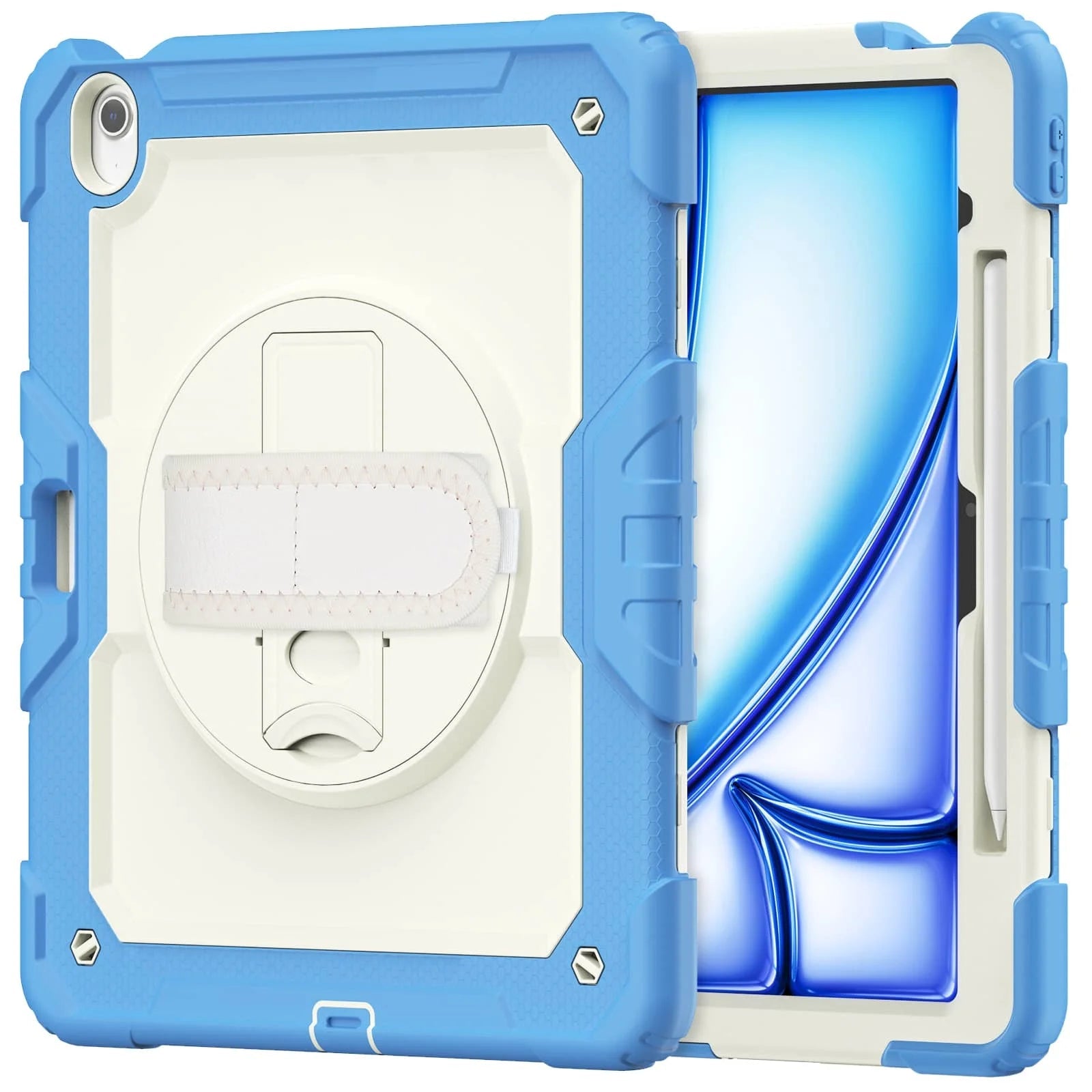 RhinoGuard Rugged Pro Spectrum 360° iPad case in Arctic Sand — exact front and rear product views with rotating hand strap and pencil holder