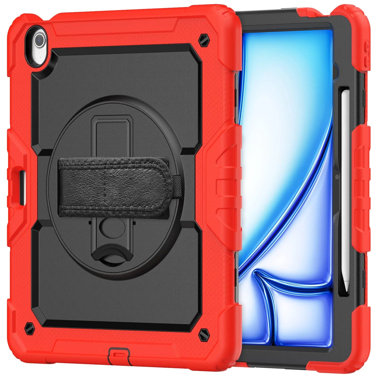 RhinoGuard Rugged Pro Spectrum 360° iPad case in Crimson Red — exact front and rear product views with rotating hand strap and pencil holder