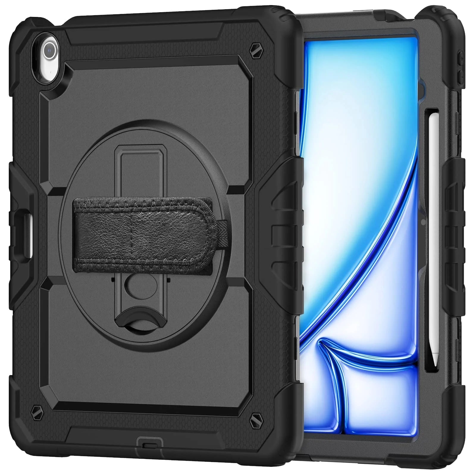 RhinoGuard Rugged Pro Spectrum 360° iPad case in Onyx Black — exact front and rear product views with rotating hand strap and pencil holder