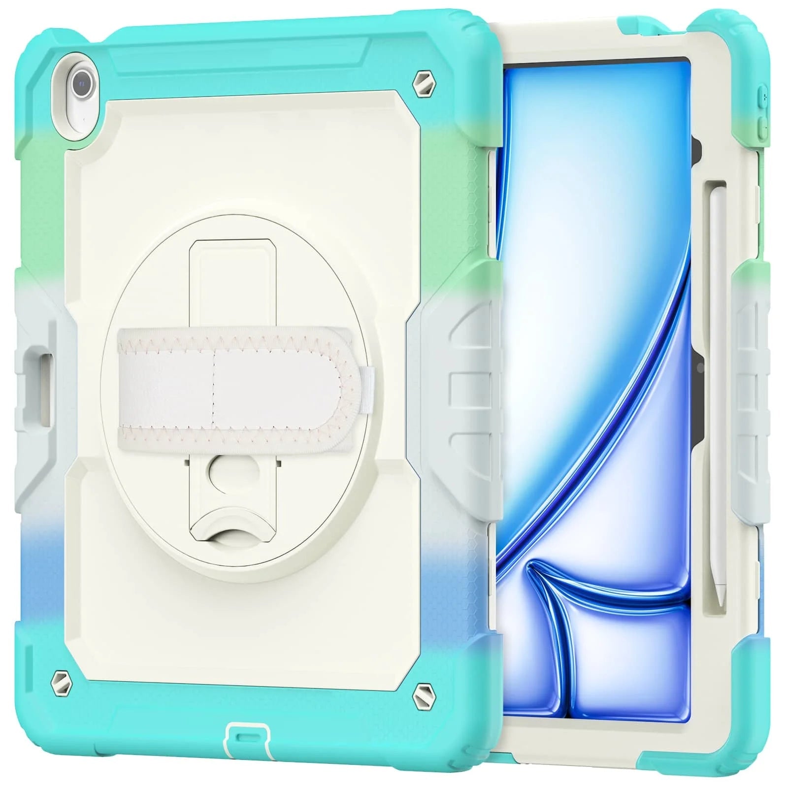 RhinoGuard Rugged Pro Spectrum 360° iPad case in Prism Cyan — exact front and rear product views with rotating hand strap and pencil holder