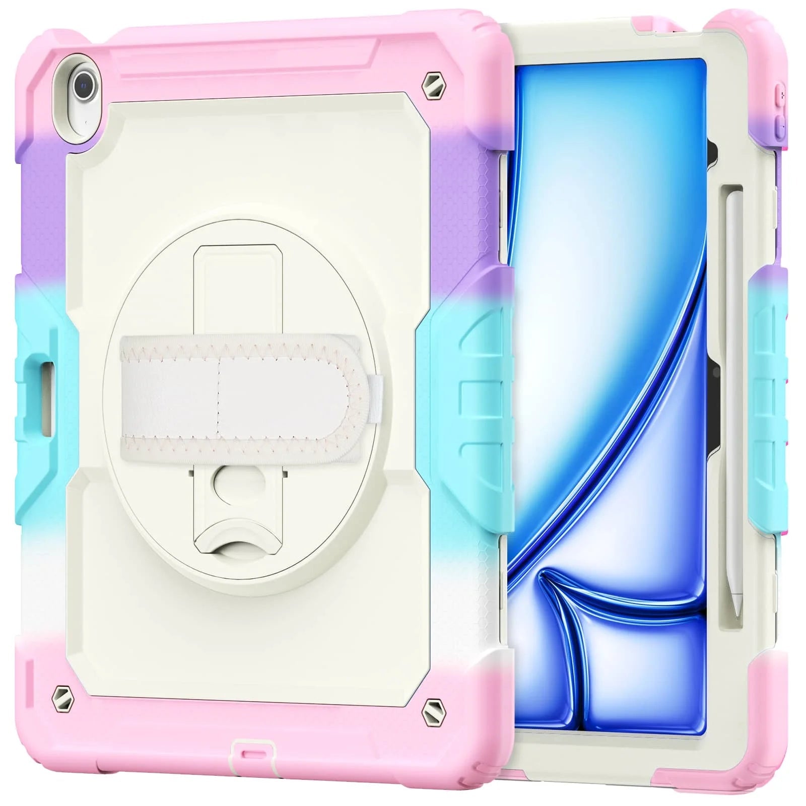 RhinoGuard Rugged Pro Spectrum 360° iPad case in Prism Pink — exact front and rear product views with rotating hand strap and pencil holder