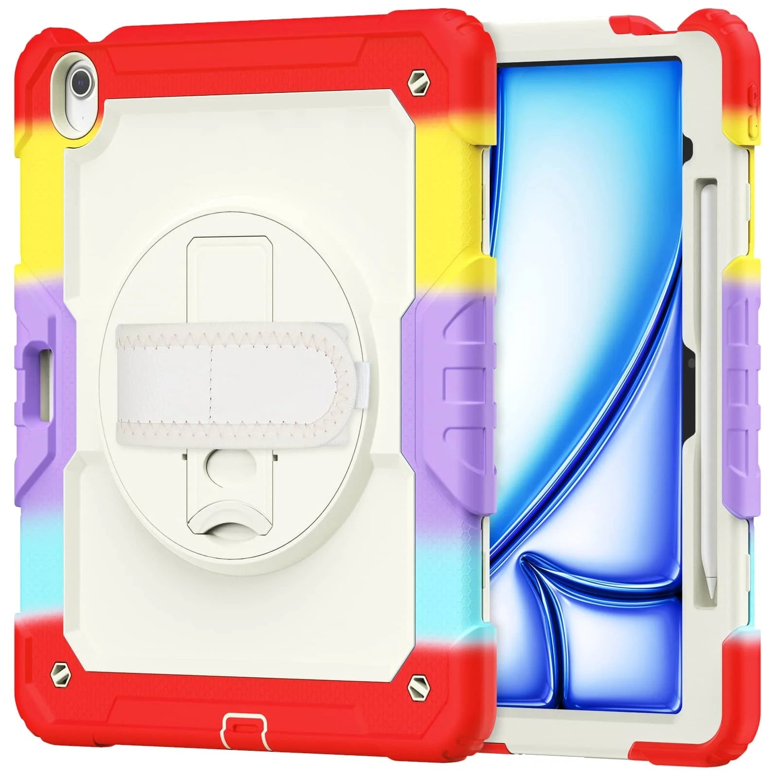 RhinoGuard Rugged Pro Spectrum 360° iPad case in Prism Red — exact front and rear product views with rotating hand strap and pencil holder