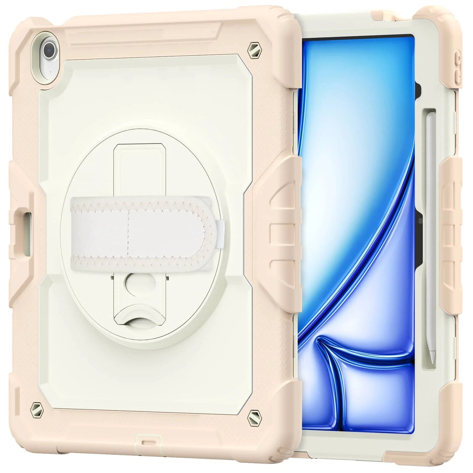 RhinoGuard Rugged Pro Spectrum 360° iPad case in Rose Champagne — exact front and rear product views with rotating hand strap and pencil holder