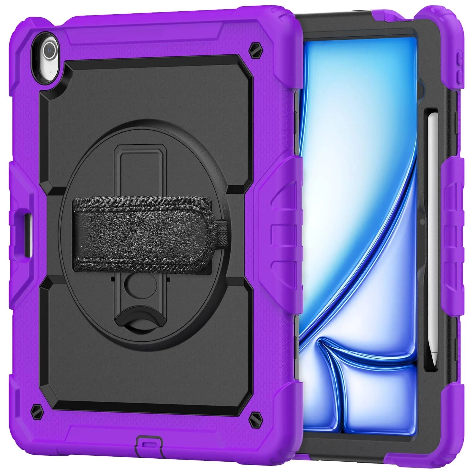 RhinoGuard Rugged Pro Spectrum 360° iPad case in Royal Purple — exact front and rear product views with rotating hand strap and pencil holder