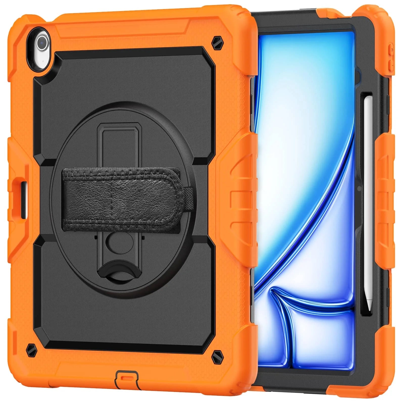 RhinoGuard Rugged Pro Spectrum 360° iPad case in Signal Orange — exact front and rear product views with rotating hand strap and pencil holder