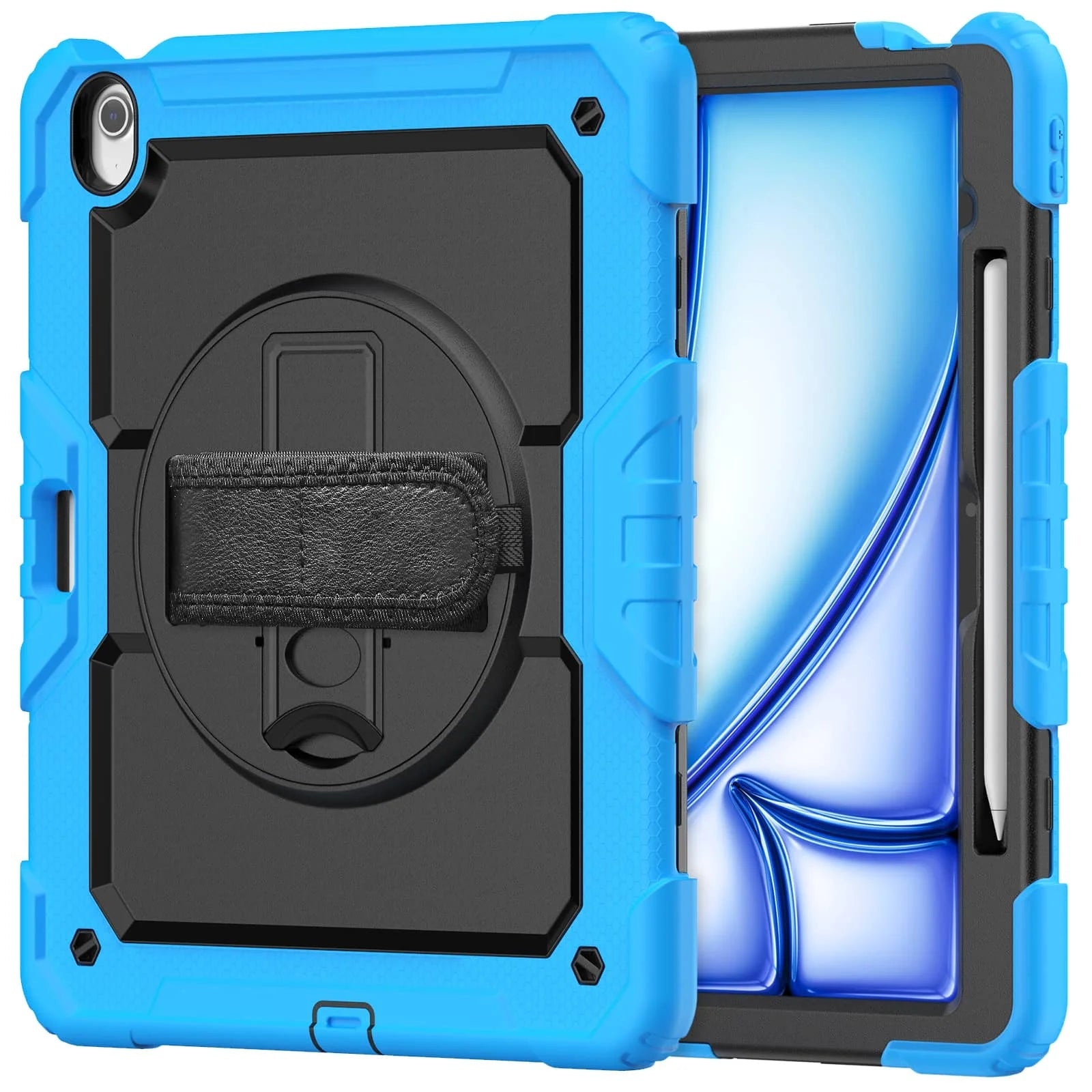RhinoGuard Rugged Pro Spectrum 360° iPad case in Sky Blue — exact front and rear product views with rotating hand strap and pencil holder