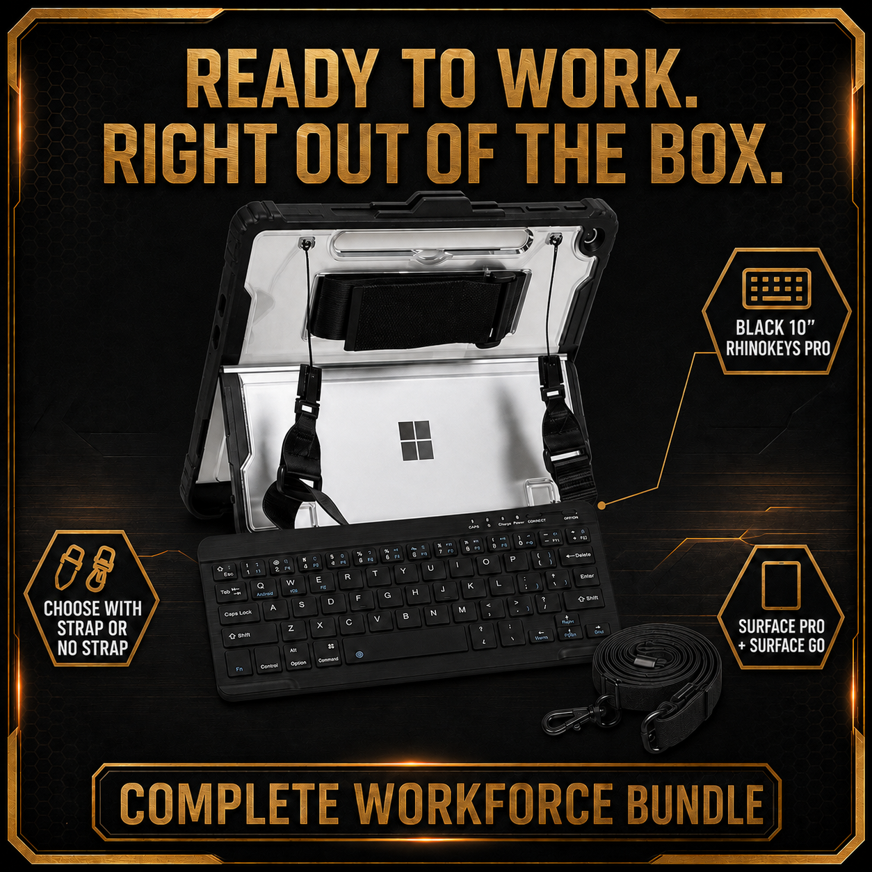 Complete Microsoft Surface WorkForce bundle with clear-back case, Black 10-inch RhinoKeys Pro keyboard and detachable shoulder strap