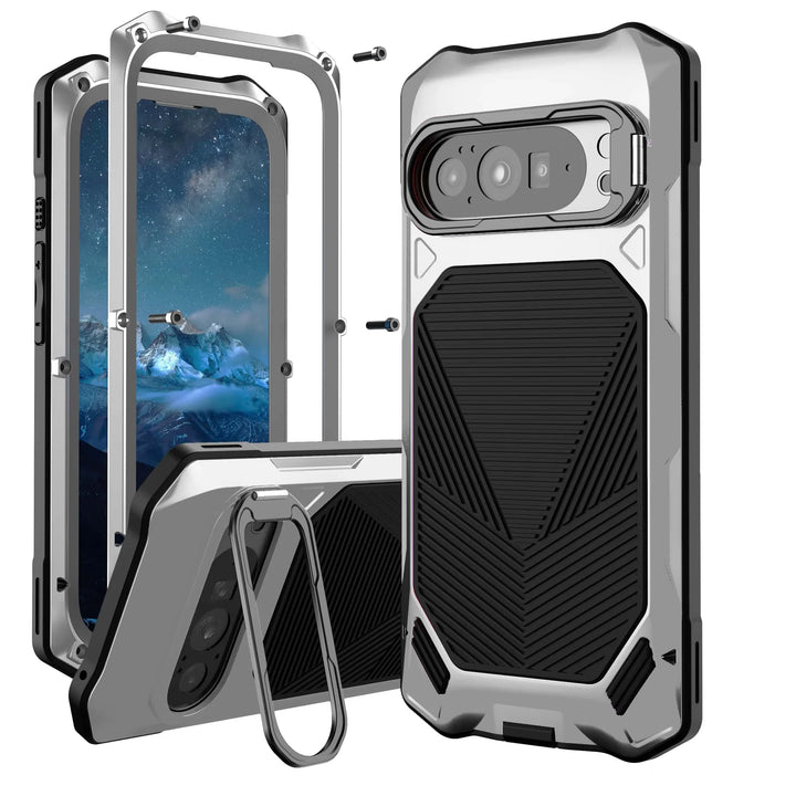 RhinoGuard Vanguard Google Pixel metal case in Silver showing front frame, rear shell and built-in kickstand