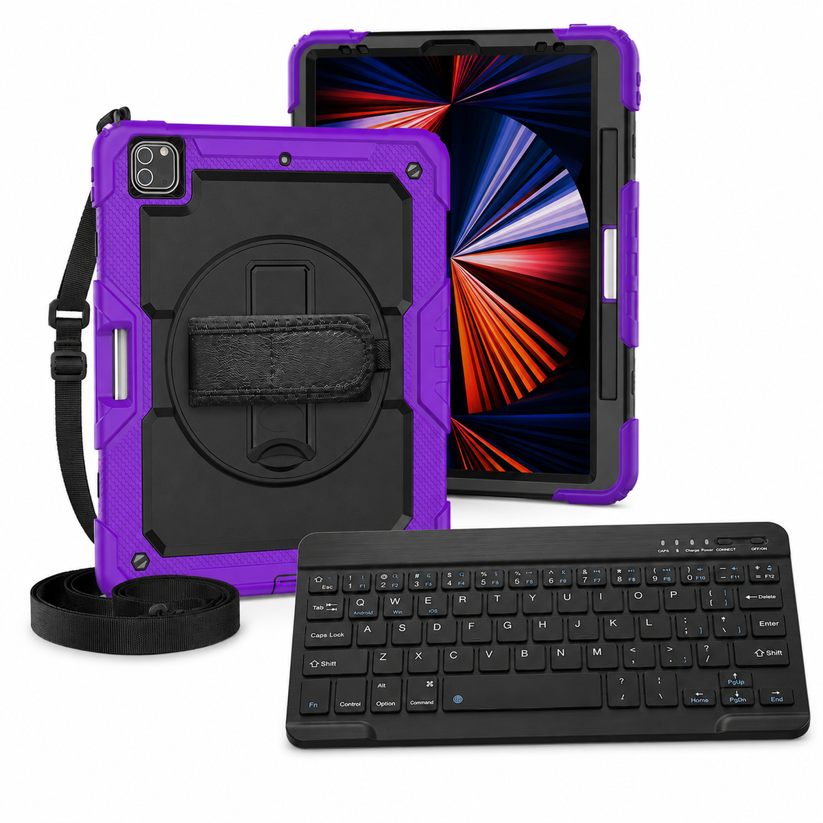 RhinoGuard WorkForce 360 iPad case in Black and Purple with included RhinoKeys Pro Black 10-inch wireless keyboard